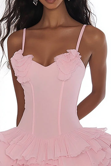 Pink A Line Spaghetti Straps Ruffles Chiffon Short Graduation Dress